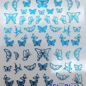 Butterfly White Nail Art Stickers Blue Butterflies outline Hollow Gold Silver Black Red 12 Colors Self-Adhesive Nail Art Decals SMS333 Sky Blue