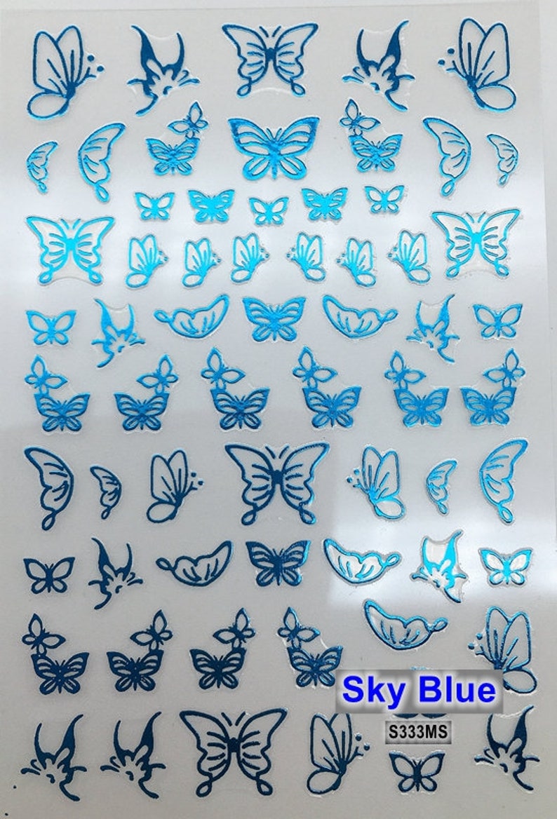 Butterfly White Nail Art Stickers Blue Butterflies outline Hollow Gold Silver Black Red 12 Colors Self-Adhesive Nail Art Decals SMS333 Sky Blue