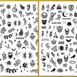 Snake Nail Stickers Decals Snakes Butterfly Eagle Skull Cross Tattoo Hearts Moon Star Gold Snake Self-Adhesive WGSA