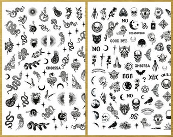 Snake Nail Stickers Decals Snakes Butterfly Eagle Skull Cross Tattoo Hearts Moon Star Gold Snake Self-Adhesive WGSA