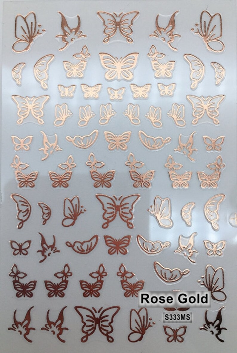 Butterfly White Nail Art Stickers Blue Butterflies outline Hollow Gold Silver Black Red 12 Colors Self-Adhesive Nail Art Decals SMS333 Rose Gold