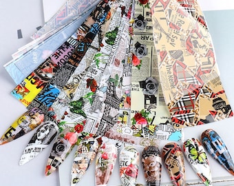 Newspaper Letter Graffiti Rose Flowers World Travel Nail Foil Transfer Decals (10Pcs 20X4cm) 80XK5114