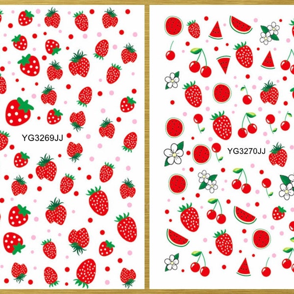 Lemon Strawberry Fruit Nail Art Stickers Decals Fruits Lime Citrus Cherry Peach Watermelon Avocado Orange Blueberry Self-Adhesive Nails