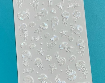 White Jellyfish 5D Embossed Nail Art Stickers: Laser Silver Shell Blue Sea Fish
