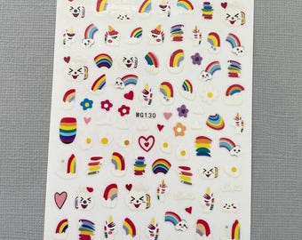 Rainbow Unicorn Doodle Nail Art Stickers Polka Dots Graffiti Fun Abstract Figures Pastel Marble Kid Self Adhesive Nail Art Decals RMS