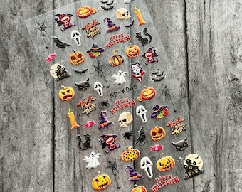 5D Halloween Nail Art Stickers: Embossed Ghost Cats Pumpkin Witch Skull Skeleton Spider Web