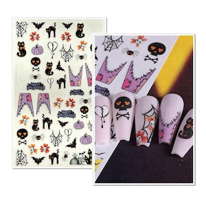 Purple Halloween Cat Nail Stickers French Tips Pumpkin Spider Web Ghost Skeleton Bats Hearts Dripping Blood Eyeballs Self Adhesive Nails FMS