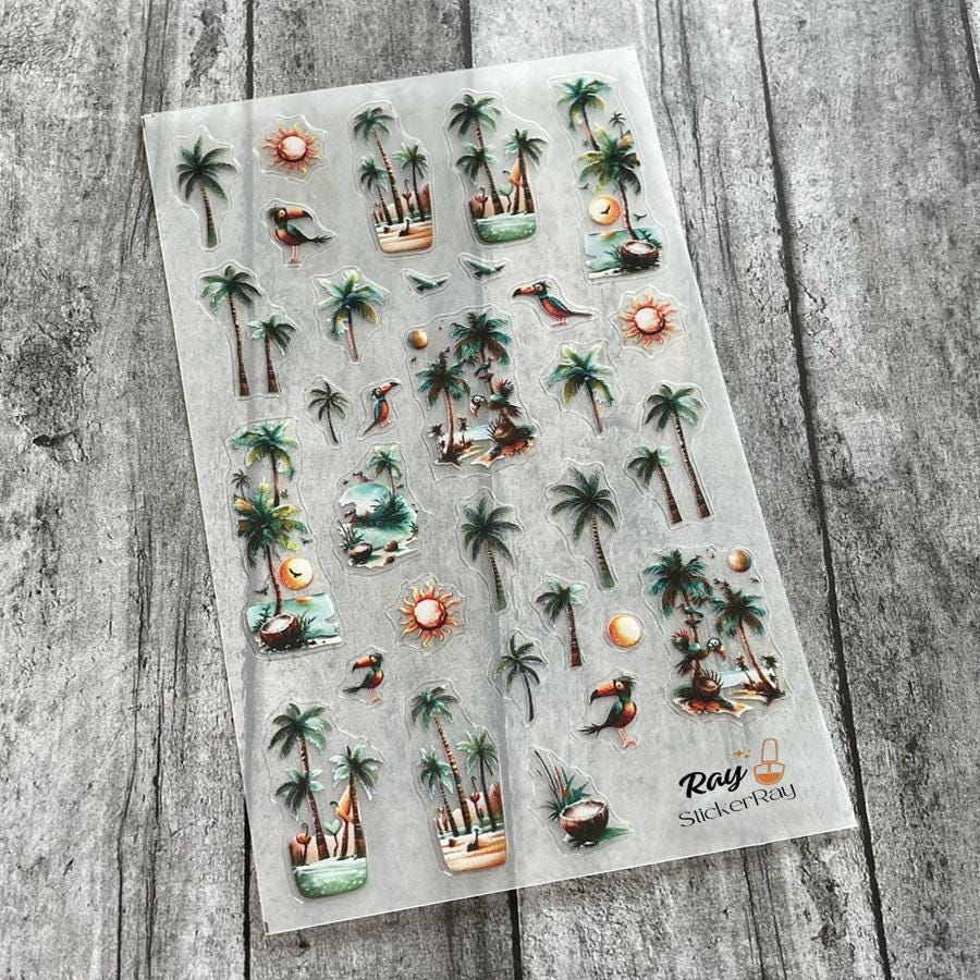 Palm Tree Toco Toucan Coconut Nail Stickers Arecaceae Sun Bird Enjoy Beach Time Thin Tough Self-Adhesive Nail Art Decal Stickers S3No