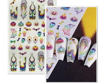 Halloween Rainbow Flame Pumpkin Nail Art Stickers Cute Ghost with Bow Skull Treats Spider Web Black Cat Bats Self Adhesive Nail Decals FMS