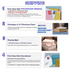 May include: Image detailing shipping options, including First-Class Mail, Packages in 2-5 Business Days, Priority Mail, and First-Class Mail International. The image includes text and examples of envelopes, stamps, and packages.