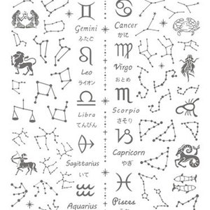 May include: A black and white illustration of the 12 zodiac signs with their corresponding constellations and Japanese names. The signs are arranged in two columns, with the first column showing Aries, Gemini, Leo, Libra, Sagittarius, and Aquarius, and the second column showing Taurus, Cancer, Virgo, Scorpio, Capricorn, and Pisces.