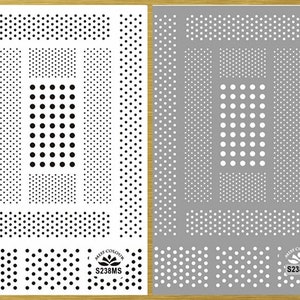 Pode incluir: Uma folha de estêncil com um padrão de bolinhas em preto e branco. A folha inclui diferentes tamanhos e arranjos de bolinhas. O estêncil é etiquetado como "Alls Colour S238MS".