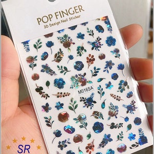 Holographic Flower Flowers Leaf Nail Stickers Decals Daisy Rose Sunflower Blue Self-Adhesive Nail Decal Sticker LSA M016 SA