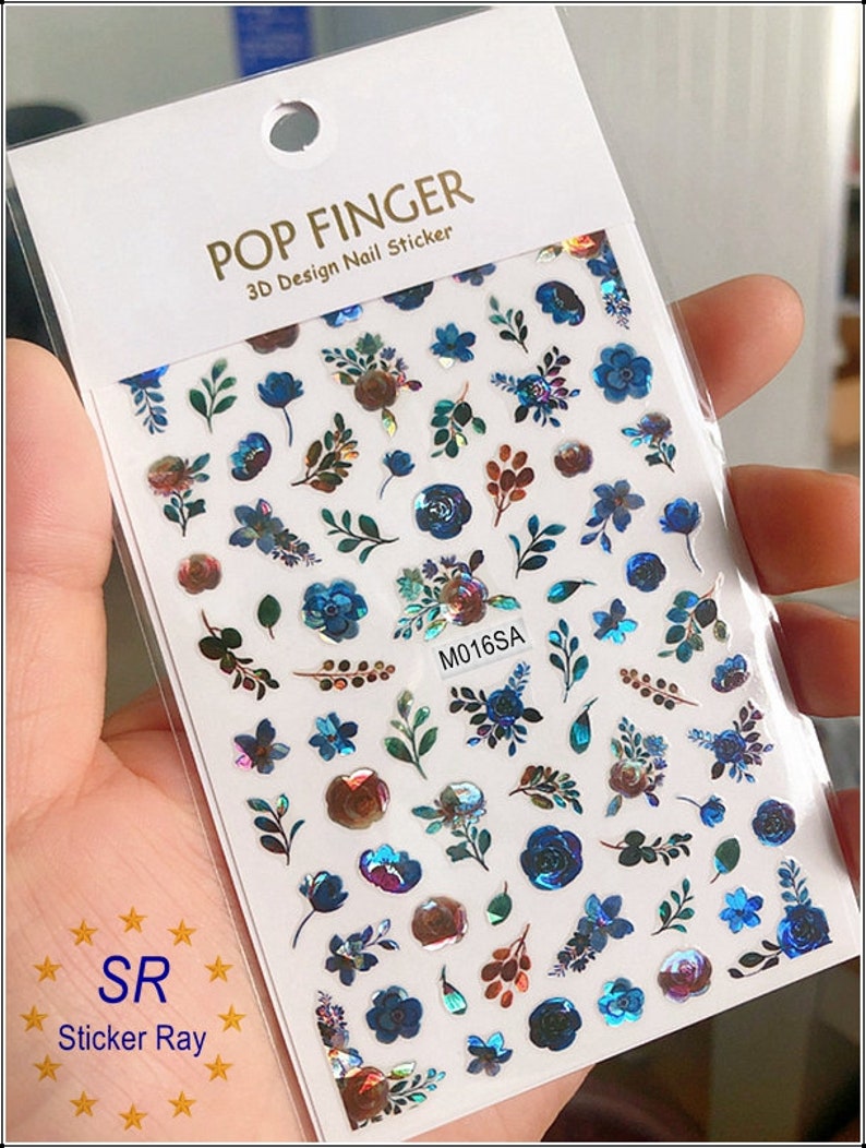 Holographic Flower Flowers Leaf Nail Stickers Decals Daisy Rose Sunflower Blue Self-Adhesive Nail Decal Sticker LSA M016 SA