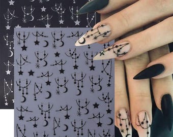 Black Silver Moons Stars Nail Art Stickers Chain Line French Tips Self Adhesive Nail Decals S8SWA