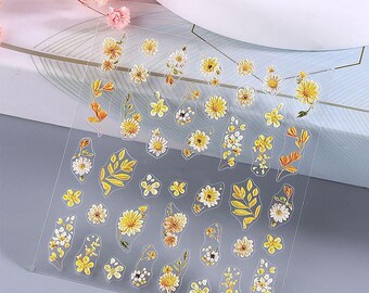 Nagelkunststickers gele madeliefje: 5D-reliëf Aster Asteraceae Goudsbloem Wilde bloemen Takken
