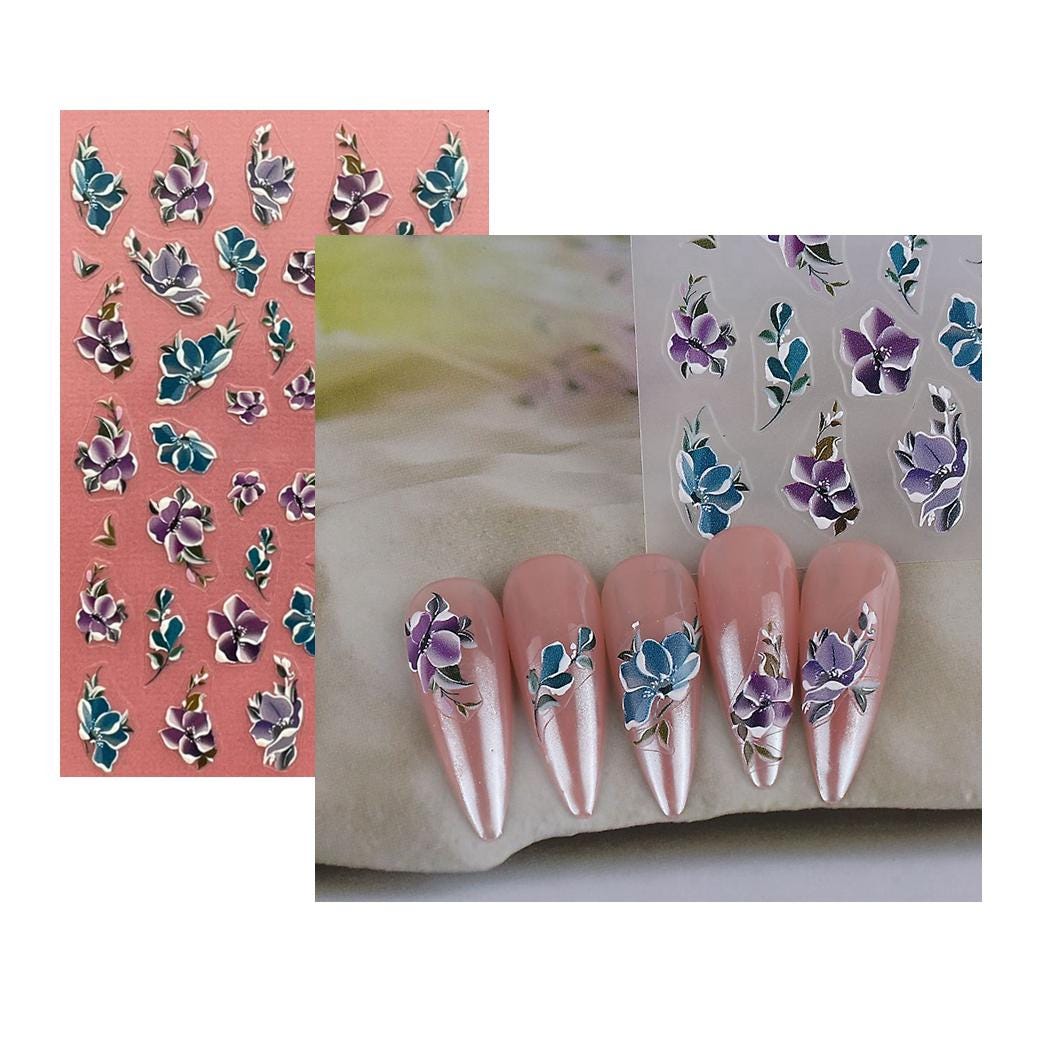 Flower Camellia Thin Tough Nail Stickers Camellia Purple Blue Flowers Floral Design Self-Adhesive Nail Art Decal Stickers S3SWO