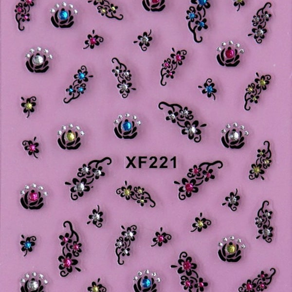 Black Flowers Rhinestone Crystal Butterfly Self-Adhesive Moon 3D Nail Art Stickers Decals XFJJ