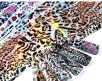 Leopard Print Laser Base Nail Foil Transfer Stickers Rose Flowers Acrylic Holographic BW08