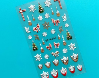 Snowflakes French Tips Nail Art Stickers: 5D-reliëf glitter gouden kerstboomballen strikken