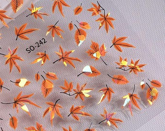 Laser Orange Fall Maple Leaves Nail Art Stickers Autumn Oak Leaf Pumpkin Orang Thanksgiving Nail Decals SOSeries