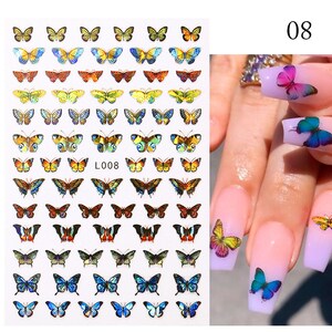 May include: A sheet of nail art stickers featuring a variety of colorful butterfly designs. The sheet includes a total of 48 stickers, with 12 different butterfly designs repeated four times. The sheet is labeled "L008" and "08".