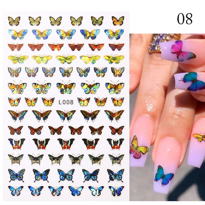 May include: A sheet of nail art stickers featuring a variety of colorful butterfly designs. The sheet includes a total of 48 stickers, with 12 different butterfly designs repeated four times. The sheet is labeled "L008" and "08".