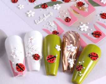 Red Ladybug 5D Embossed Nail Art Stickers: White Daisy Flower Bumble Bee French Tip