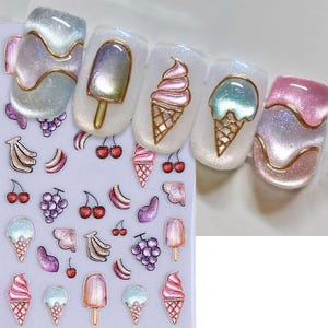 Pastell Eis Geprägte Nagel Aufkleber Glitter Rosa Transparent Cone Eis Bars Trauben Kirsche Banane Selbstklebende Nail Art Aufkleber S3SWO