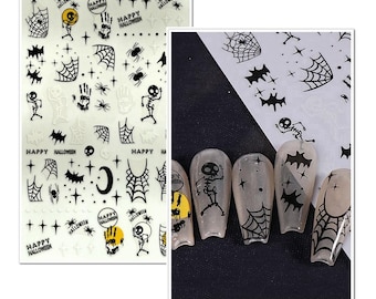 Halloween Spinnennetz Nagel Aufkleber Schwarz Handdruck Geist Katze Skelett Fledermäuse Blut Augäpfel Kürbis Selbstklebender Nagel FMS