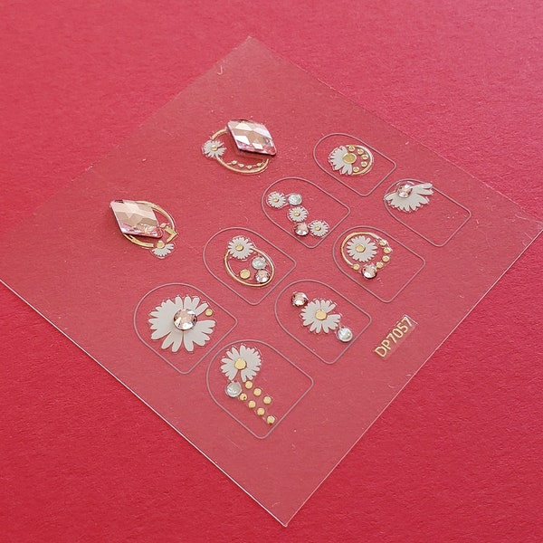 Hand-Made Crystal Real Glass Pink Diamond Daisy Gold Dots Exquisite Self-Adhesive Nail Art Decals Stickers DP7057