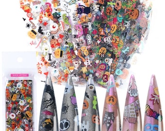 Halloween Nail Foil Transfer Orange Pumpkin Skull Ghost Spider Web Monsters Bat Candy Cookies Nail Art Decals (10Pcs 20X4cm) SW67FB