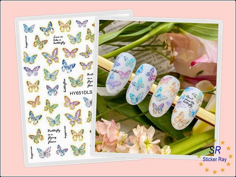 Butterfly Laser Gold Nail Stickers Colorful Butterflies Holographic Self-Adhesive Nail Art Decals HANYIDLS image 1