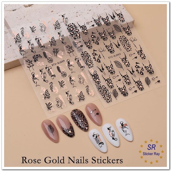 9 Sheets Gold Abstract Nail Art Stickers Decals Self Adhesive Black Line  Lady Face, Flowers, Palm Leaf, Leaves Design Manicure Tips Nail Decoration  Fo