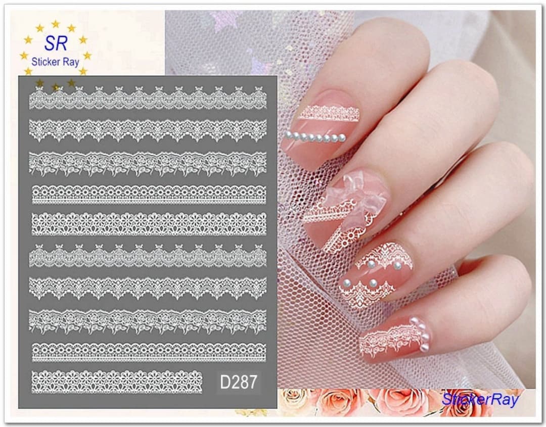 White Lace Nail Stickers Damask Seamless Pattern Self-adhesive Nail