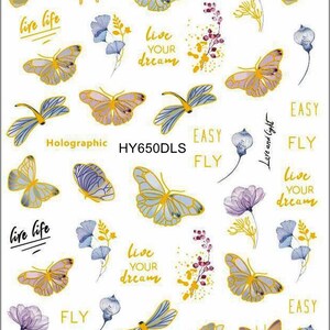 Butterfly Laser Gold Nail Stickers Colorful Butterflies Holographic Self-Adhesive Nail Art Decals HANYIDLS HY650 DLS