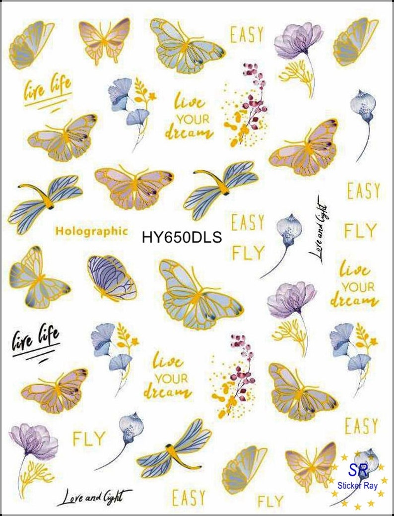 Butterfly Laser Gold Nail Stickers Colorful Butterflies Holographic Self-Adhesive Nail Art Decals HANYIDLS HY650 DLS