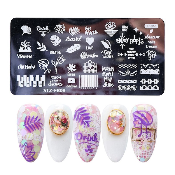 Metal Nail Stamping Plates Leaves Meteor Rose Flowers Stripes Plaid Cat Animal Rabbit Prints Nail Decals Galaxy Constellation Moon Stars