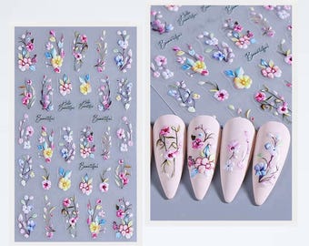Bloemtakken Perzikbloesem Sakura Reliëf Nagelstickers Kersenbloesem Sakura Takken Zelfklevende Nail Art Decal S3SWO