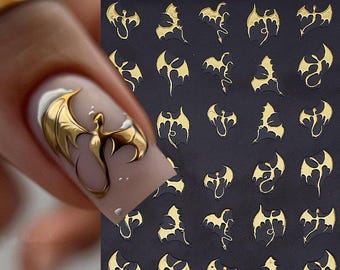 Pegatinas de uñas de dragón volador dorado, dorado, aurora plateada, dragones de Halloween S8SWA