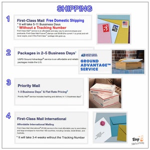 May include: A graphic with four shipping options for packages and envelopes. The options include First-Class Mail, Ground Advantage, Priority Mail, and First-Class Mail International. The graphic includes images of envelopes and packages.