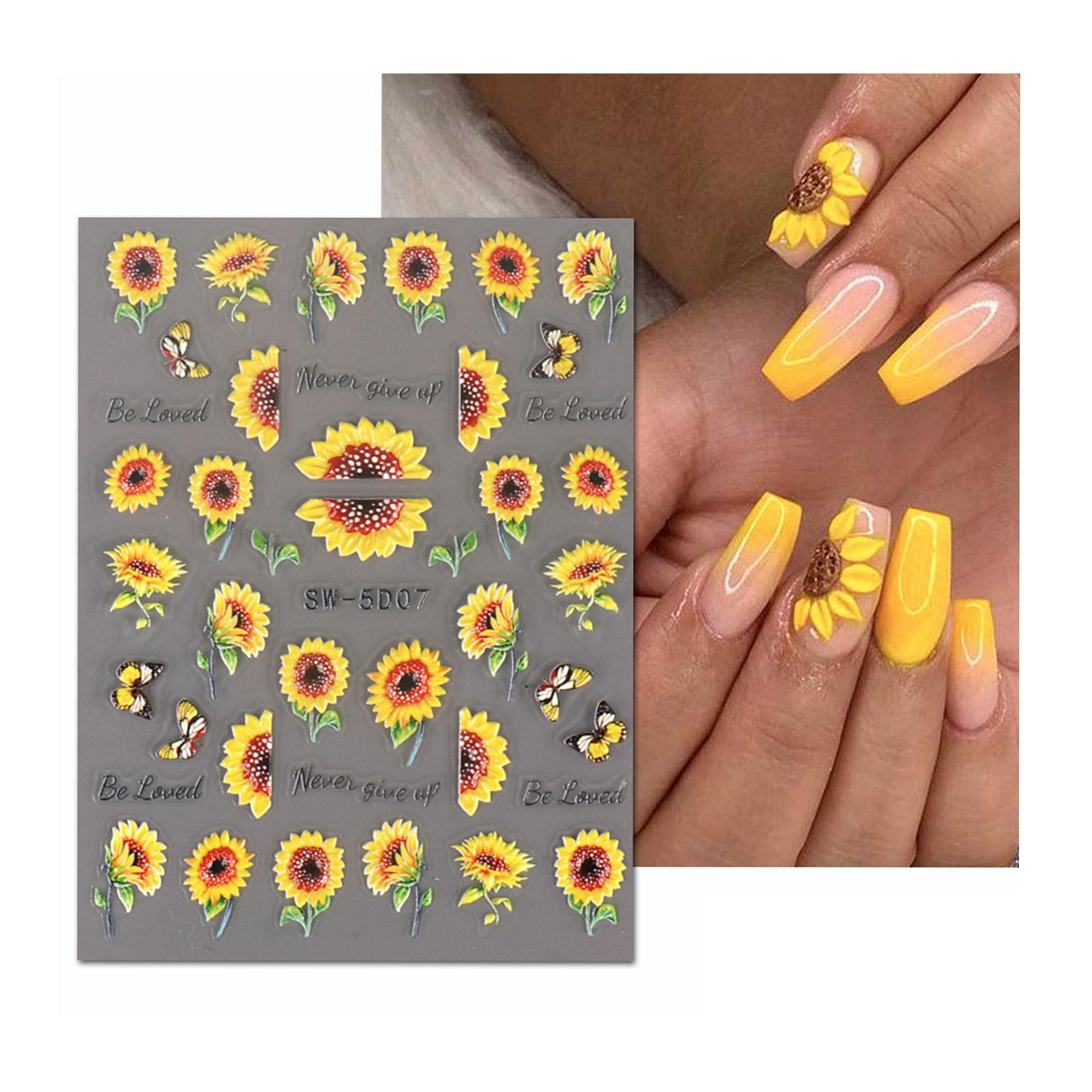 5D Embossed Flower Nail Stickers - Pink Cherry Blossom & Sunflower Nail Art Decor