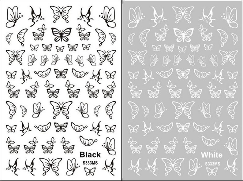 Butterfly White Nail Art Stickers Blue Butterflies outline Hollow Gold Silver Black Red 12 Colors Self-Adhesive Nail Art Decals SMS333 image 1