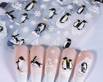 Pegatinas para uñas 5D con diseño de pingüino, copos de nieve blancos en relieve, Feliz Año Nuevo, Feliz Navidad, finas y resistentes, autoadhesivas, S3SWO