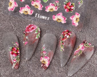 Red Camellia Peony 5D Embossed Nail Art Sticker: Hibiscus Flowers Daisy Carnation Cherry Blossom
