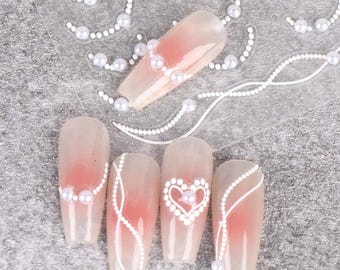 5D Pearl Hearts Nail Art Stickers: White Jewelry Gem French Tips Lines Dots