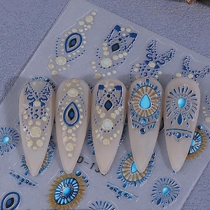 Blå BOHO Nagelkonstklistermärke: Abstrakt Boho Mandala i monokroma prickdroppar