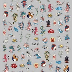 Koi Fish Nail Stickers Panda Bamboo Japanese Doll Temple Asian Culture Self Adhesive Nail Art Decals  HYSeries