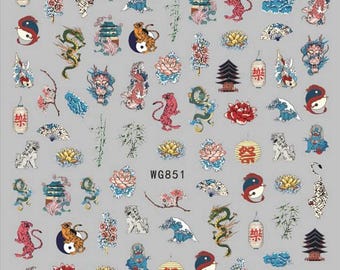Koi Fish Nail Stickers Panda Bamboo Japanese Doll Temple Asian Culture Self Adhesive Nail Art Decals  HYSeries