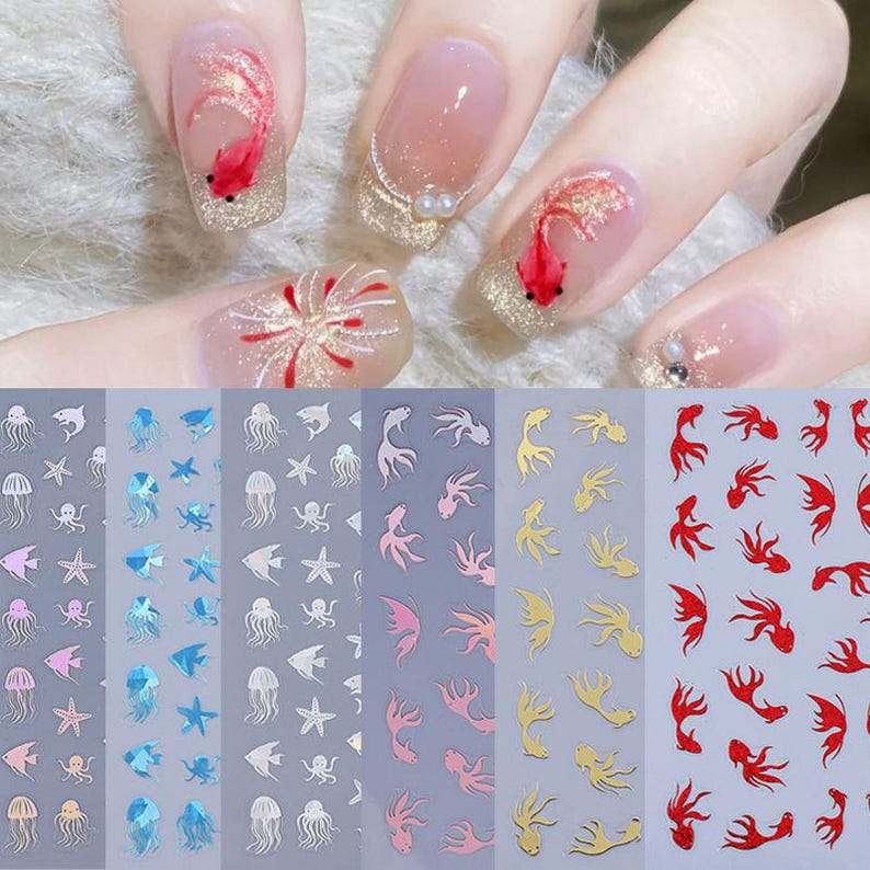Nail Stickers Koi Fish Swimming Upstream Daisy Flower White Snowflakes Self Adhesive Nail Art Decal image 10